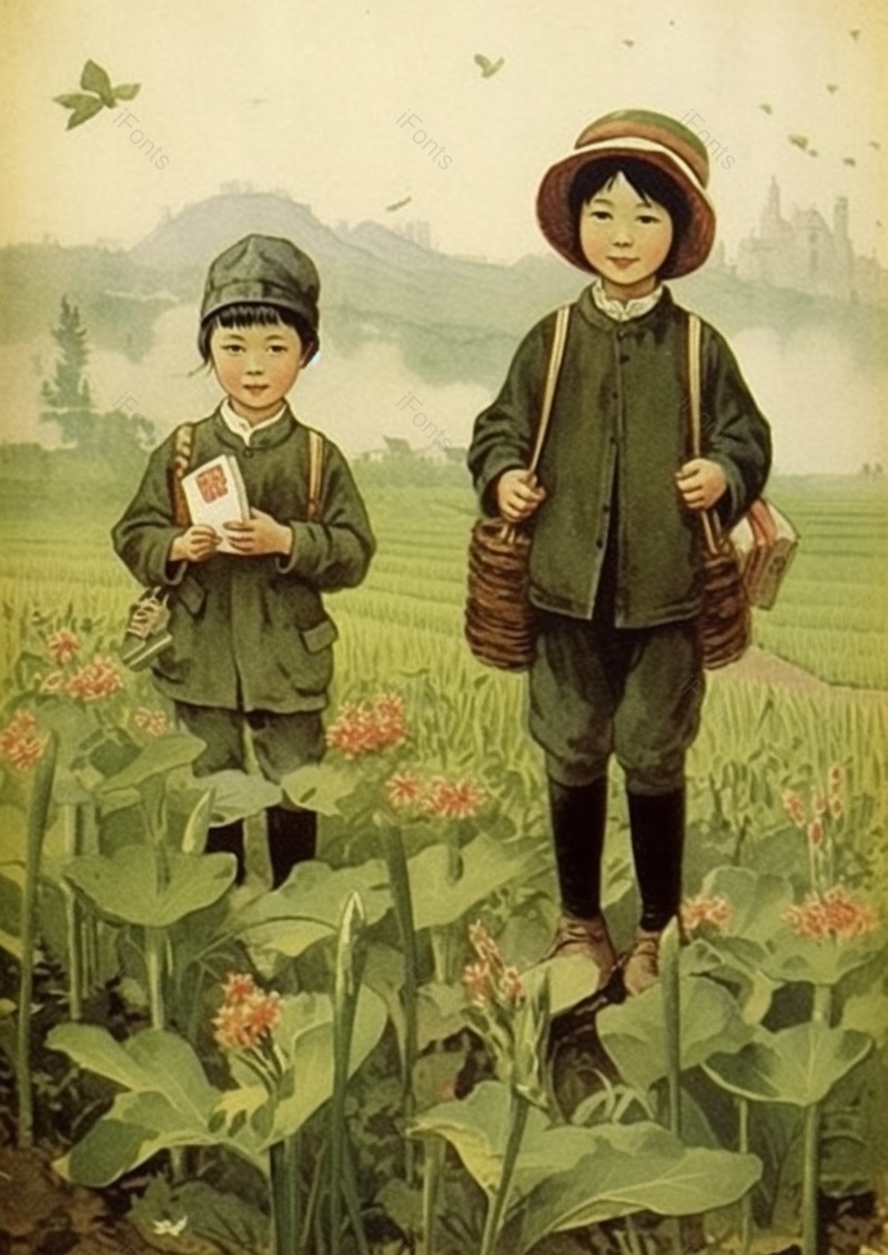 乡间田园风光里两位可爱的小朋友,插画/手绘图,插画/手绘图库,插画/手绘图下载,插画/手绘